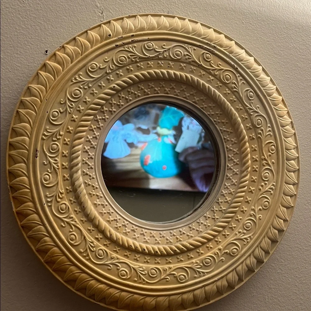 Mirror Y2K Gypsy Bohemian Circle Light Yellow Carved Eclectic Whimsy Nursery 90s